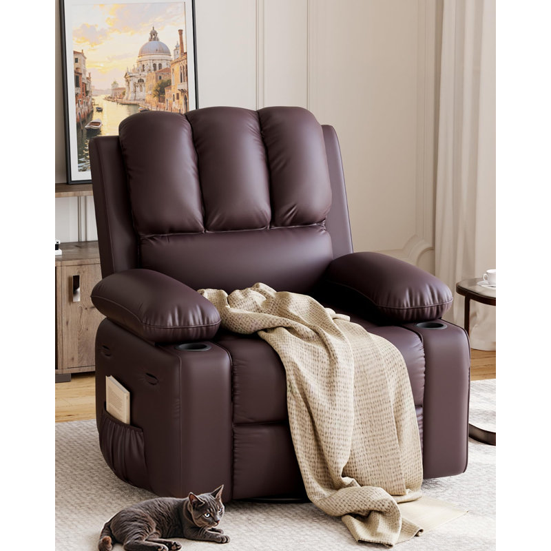 Fauteuil inclinable en cuir avec 2 porte-gobelets et une poche latérale, Café
