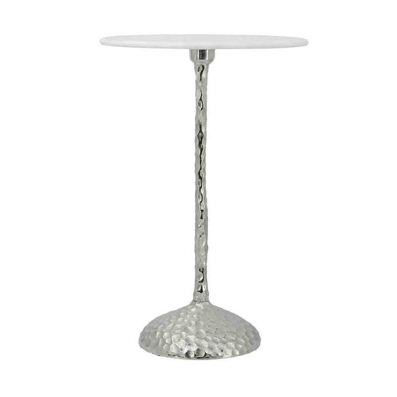 Table d'appoint en aluminium avec plateau en marbre - 16 po de diamètre x 23,5 po - Argent / Blanc