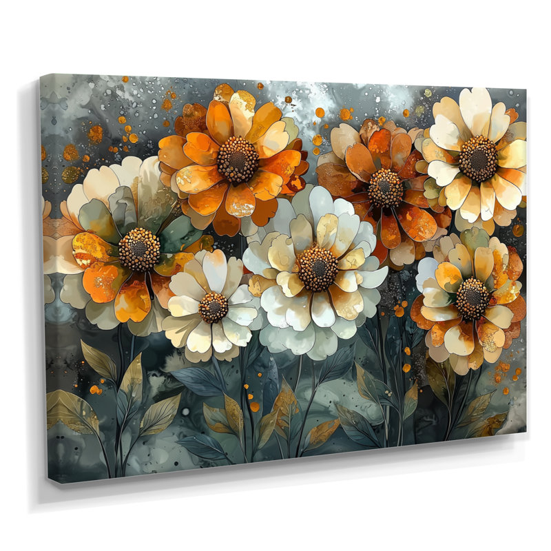 Ifza Golden Zinnias, fleurs géométriques, beauté I - Zinnias, art mural, H 30 po x l 40 po, Toile tendue, Ne s’applique pas