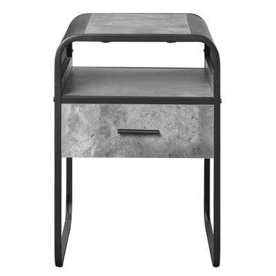 Concrete Grey And Black End Table For Living Space, Elegant Curved Character, Spacious Drawer, Metal & Room, Drawer Display Area, Lines,