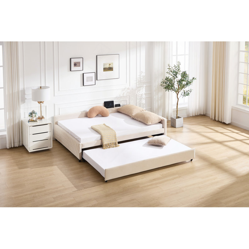 Upholstered Daybed With Trundle,Sturdy Wooden Bed Frame, Diamond Grid Design,For Bedroom, Guest Room, Beige