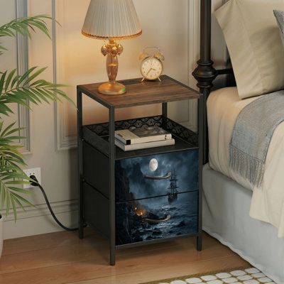 Table de chevet 2 tiroirs avec station de charge, table de chevet de chambre à coucher avec ports USB et prises de courant à tablette ouverte noire