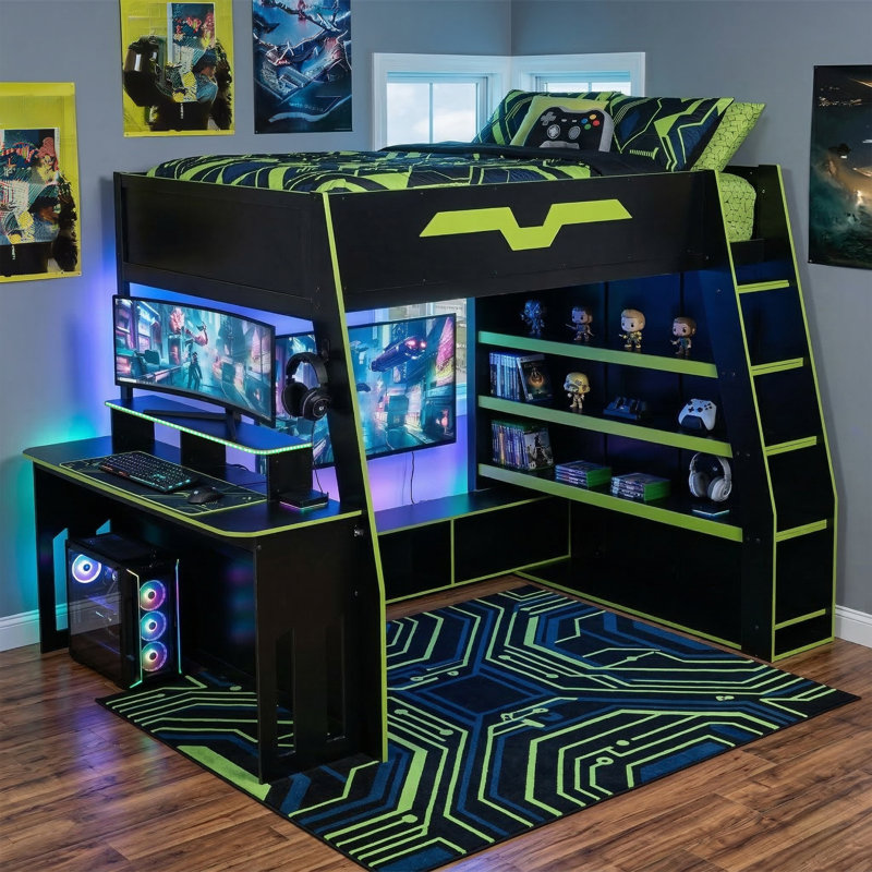 Full Size Wood Loft Bed With Desk, Multi-Storage Shelves And RGB Light, Table With Adjustable Placement, Vert