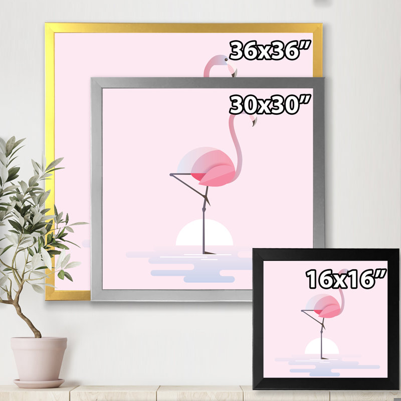 Flamant rose debout - Impression sur toile, H 36 po x l 36 po x 1,5 po, Cadre photo argenté