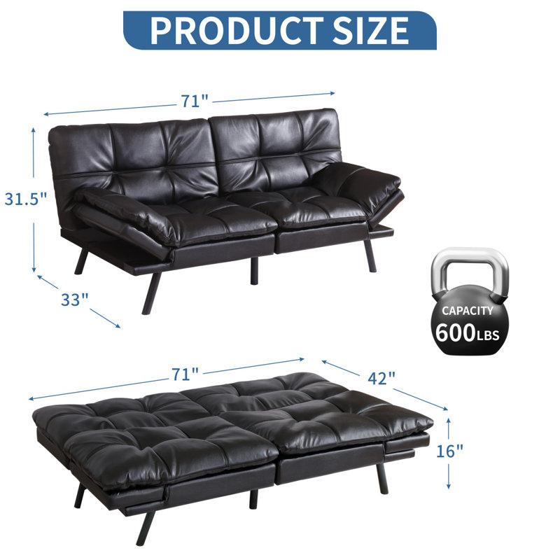 Gurlal Twin 71'' Upholstered Convertible Sofa, Black Faux Leather