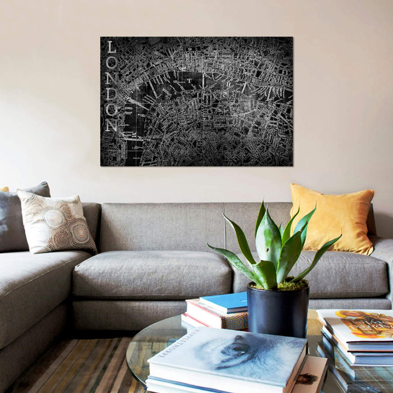 «Map London, Vintage in Black» par Pl Studio - impression sur toile, H 8 po x l 12 po x P 0,75 po, Papier d'art encadré noir