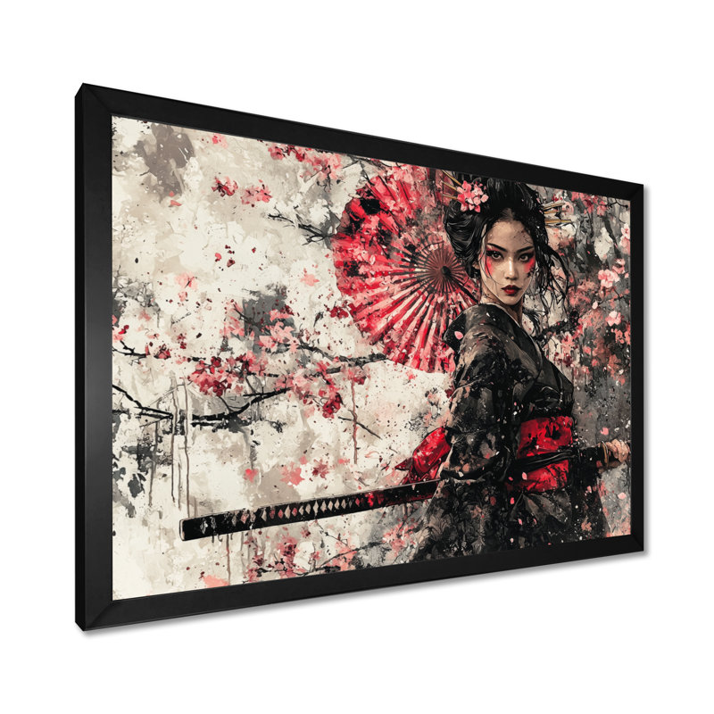 «Samurai au Japon», femme, fleur, Reproduction encadrée d'une seule photo, H 30 po x l 40 po, Noir