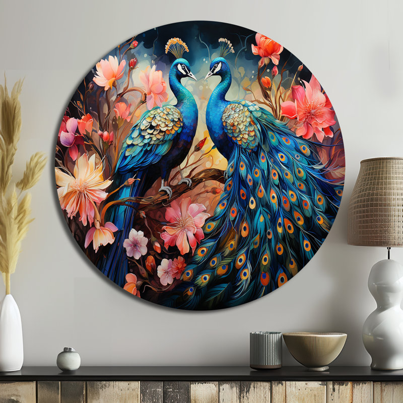 Art indien bleu corail dansant des paons II - personnes rondes, art en métal, 23" H x 23" W