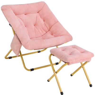 Fauteuil Comfy, chaise longue pliable avec repose-pieds, chaise de lecture en fausse fourrure douce pour les adultes, chaise paresseuse pliante / fauteuil lune pour salon, chambre à coucher, dortoirs, très grand rose