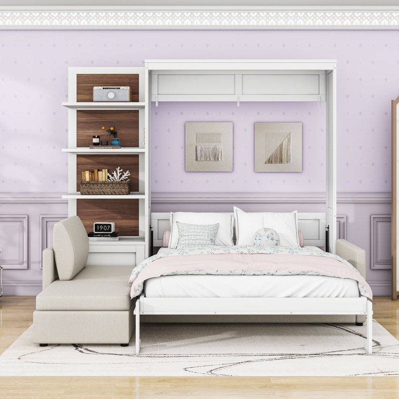 Queen Wooden Murphy Bed with Shelves and Sofa, White