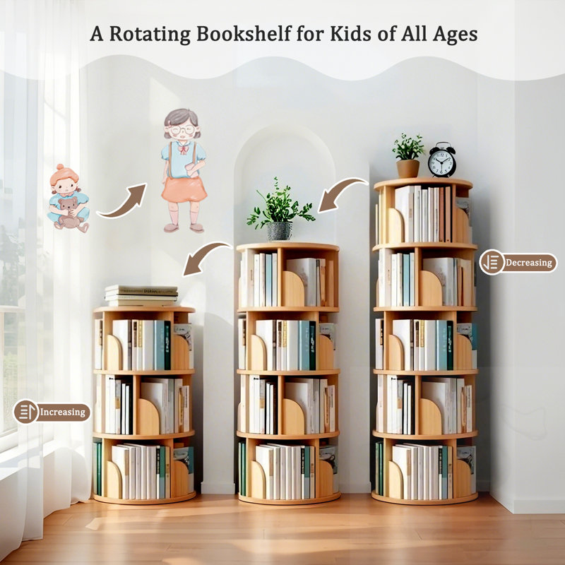 Bibliothèque rotative à 5 niveaux avec structure en bois, Natural