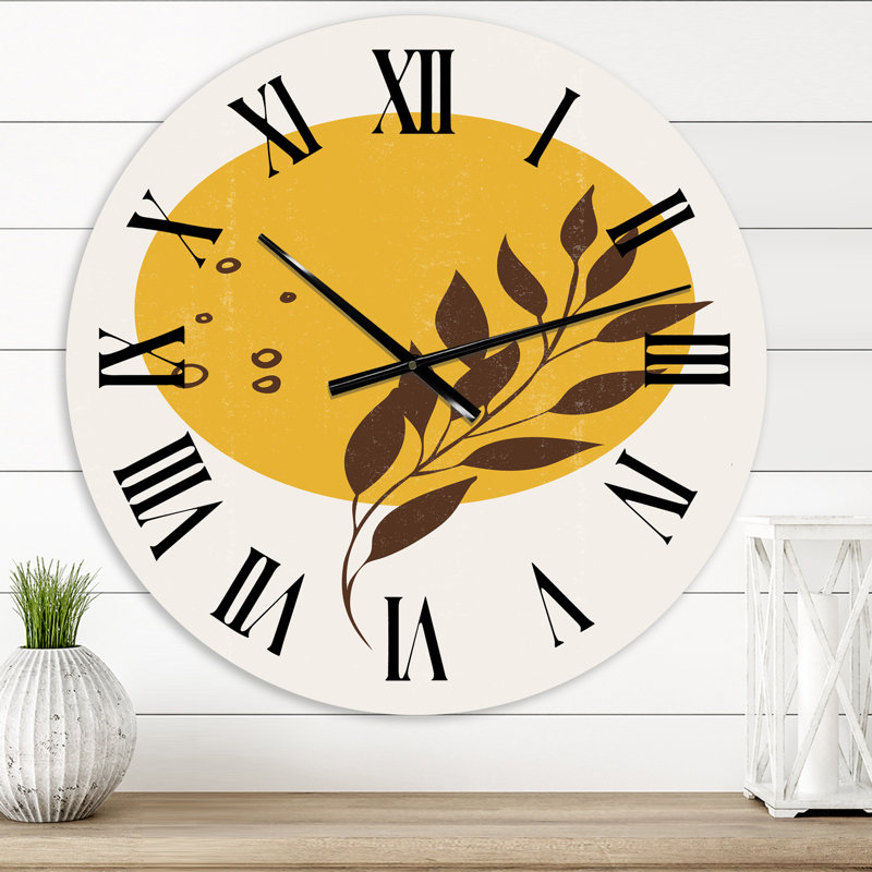 Abstrait soleil jaune et lune avec feuille tropicale II - horloge murale moderne, Moyenne