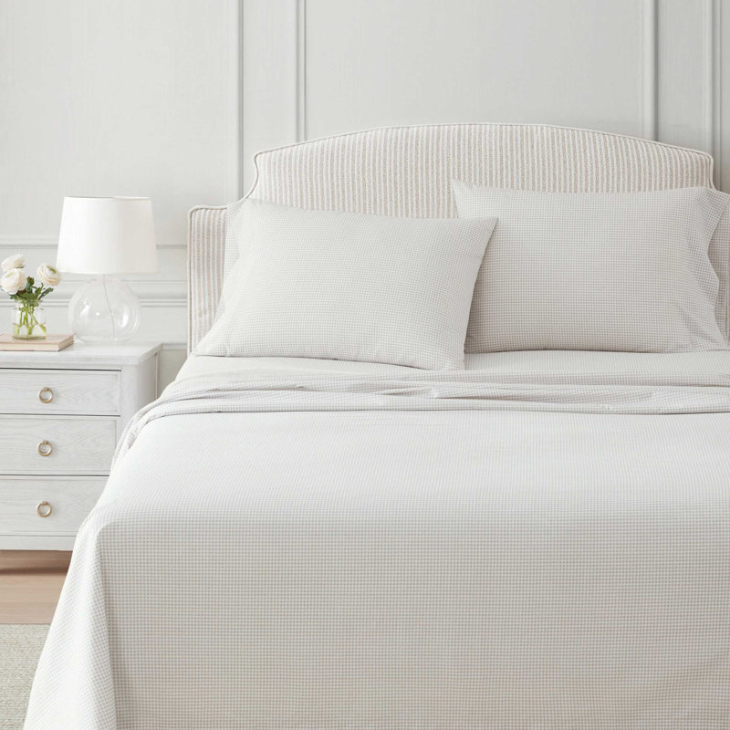 Martha Stewart Cotton Percale  Sheet Set, Full Sheet Set with 2 Pillowcases, Beige Gingham