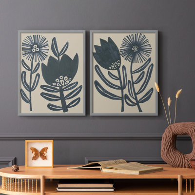 «Blockprint Folk Flowers I», reproduction encadrée de qualité supérieure - prête à être accrochée - aucun clou requis - aucun clou requis