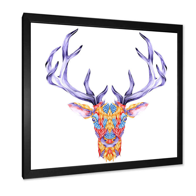 Tête de cerf multicolore, Impression noire sur toile encadrée, H 16 po x l 16 po x P 1 po
