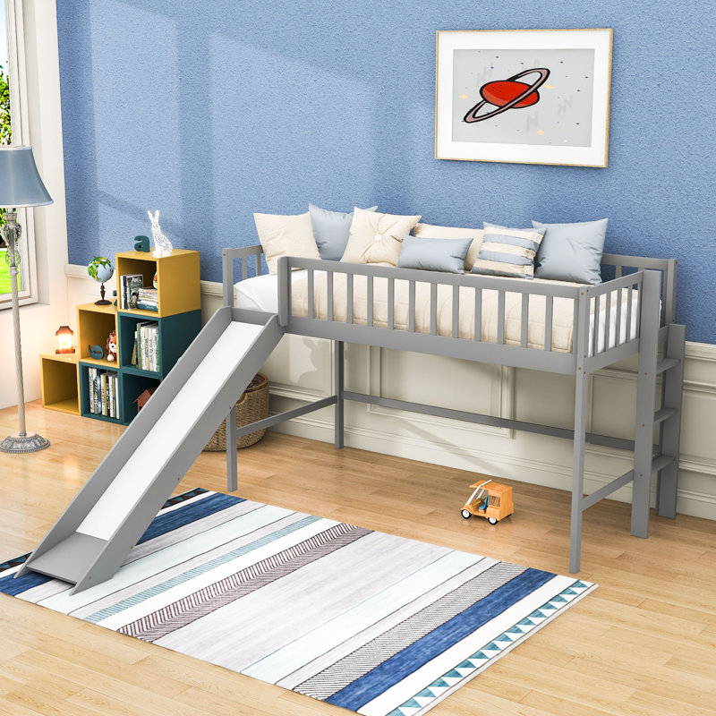 Twin Wooden Low Loft Bed With Slide And Space-Saving Ladder, Gray