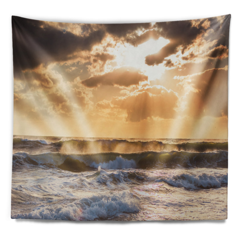 Tapisserie plage soleil levant et vagues bleues de la mer, H 50 po x l 60 po