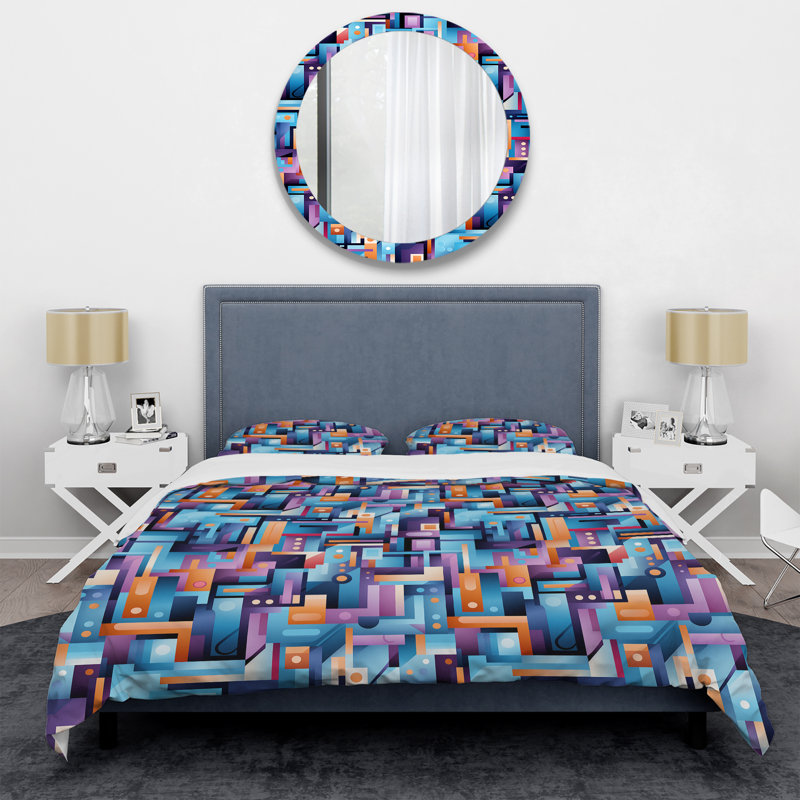 Purple And Blue Geo Haze - Ensemble de housse de couette géométrique, Housse de couette simple + 1 taie décorative stan