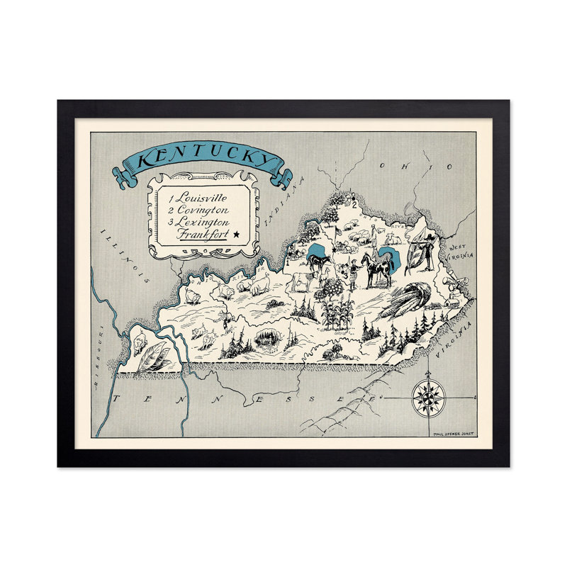 Carte illustrée du Kentucky, Cadre noir, Affiche, H 11 po x l 14 po