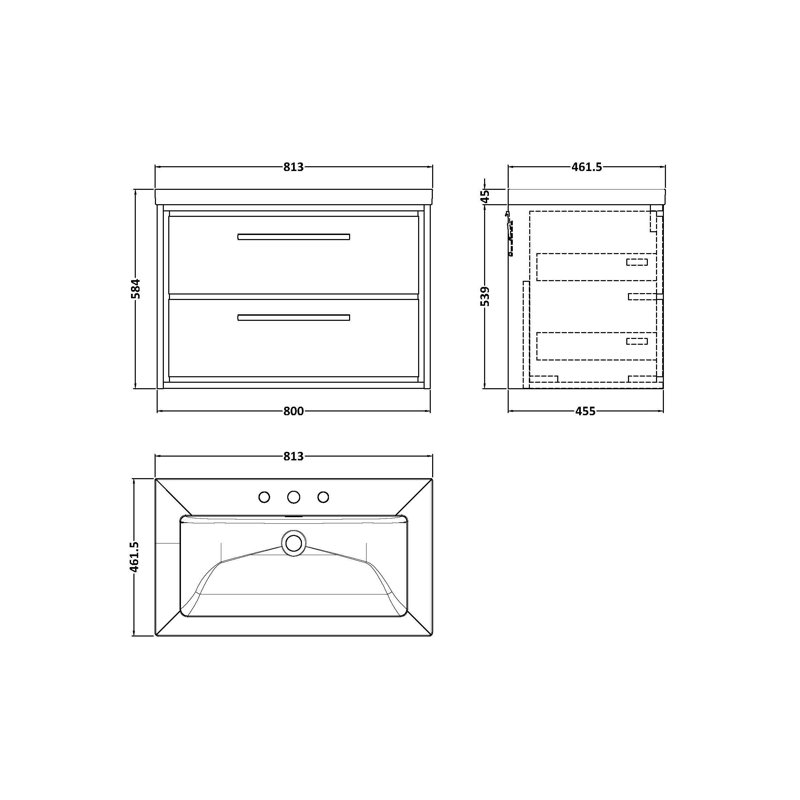 Hudson Reed Lille 800mm Fern Green 2 Drawer  Wall Hung Vanity Unit With 3 Tap Holes Fireclay Basin