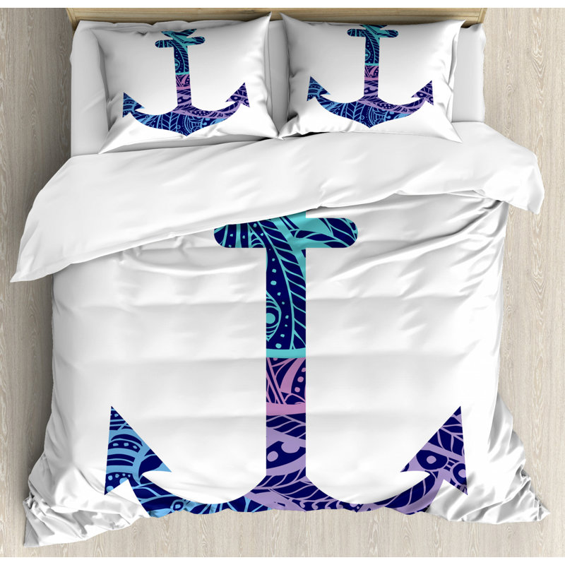 Queen Size Purple and Blue Anchor Duvet Cover Set
