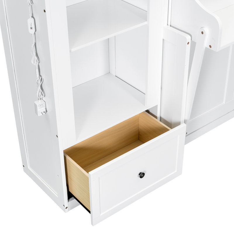 Grand lit plateforme avec tablette, armoires latérales, DEL blanches et tiroirs - Structure en pin, élégance française, assemblage de bois pour utilisation nocturne, style, commodité de rangement
