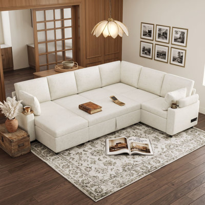 Divan-lit modulaire en U avec méridienne avec rangement, porte-gobelets, rangement intégré pour accoudoirs et ports USB