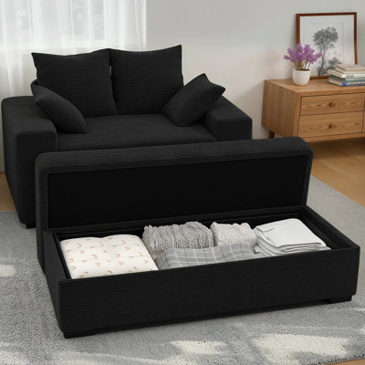 57" Luxury Corduroy Oversized Chaise Lounge Chair with Storage Ottoman, 2 Pillows