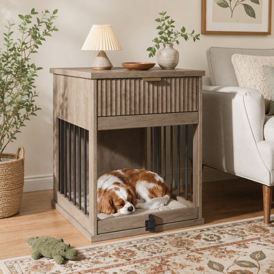 Table de bout pour chien avec station de charge, meuble pour chenil en bois avec porte en verre trempé dissimulé, table d'appoint multifonctionnelle pour animaux avec tiroir de rangement, maisonnette pour petit chien moyen