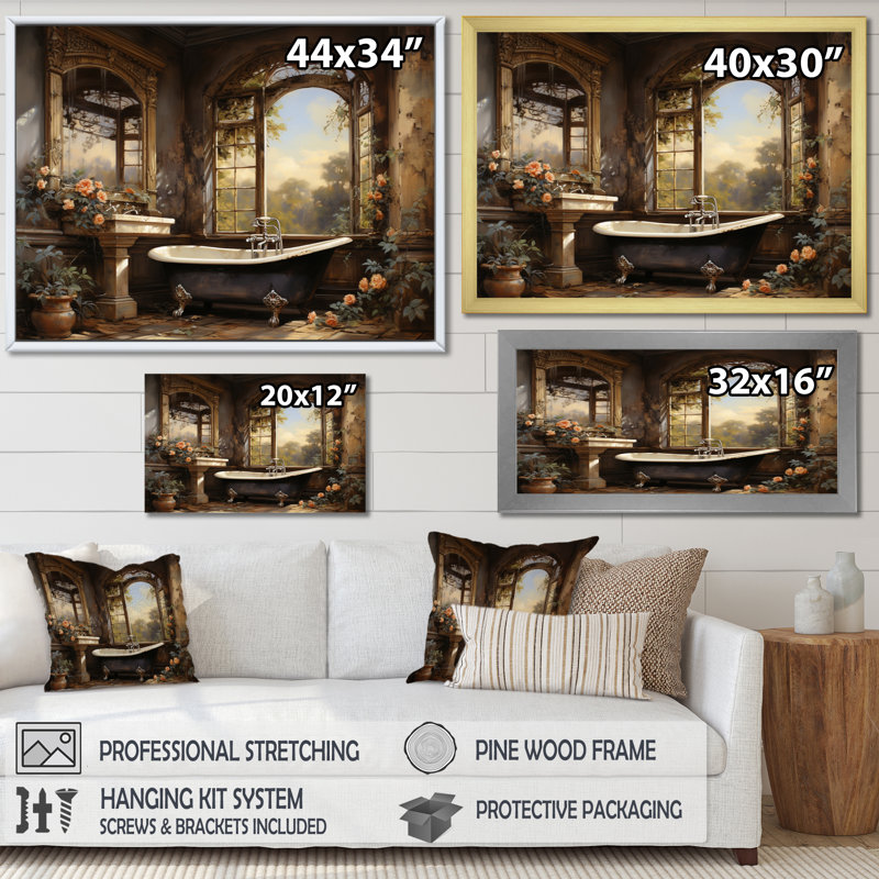 «Bathroom Vintage Elegance I» - Art mural de salle de bain, Toile tendue, H 34 po x l 44 po x P 1,5 po