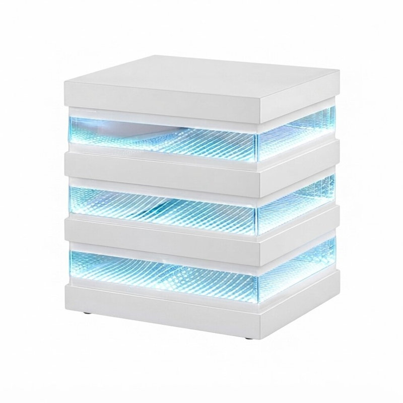 Table de bout carrée en verre trempé blanc 19,7 po avec haut-parleur Bluetooth intégré Matsala, station de charge sans fil, éclairage DEL à sept couleurs et tiroirs intégrés