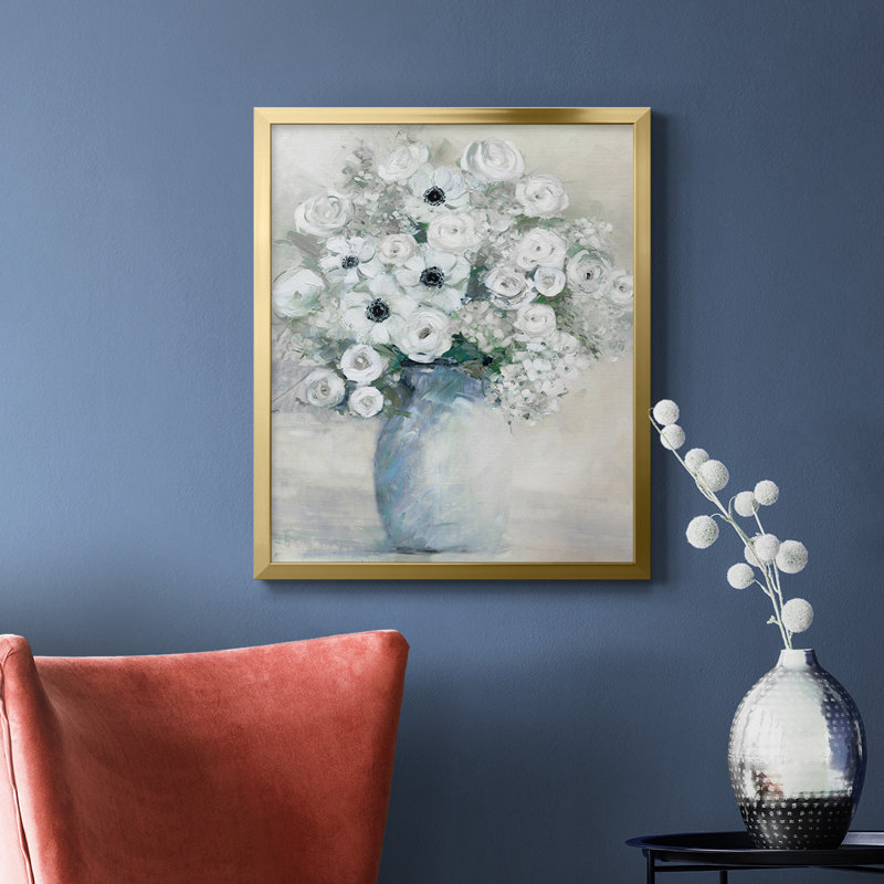 Toile encadrée blanche de qualité supérieure avec bouquet d'anémones blanches - prête à être accrochée, H 24 po x l 20 po, Or