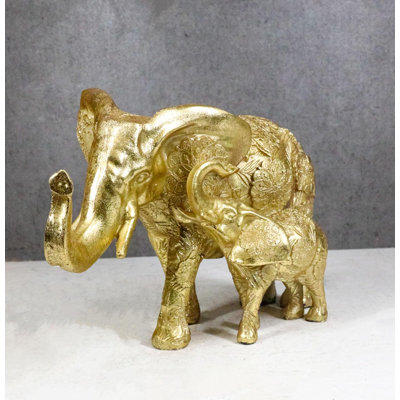Royal Gold Mandala Ornate Design Elephant And Calf With Trunks Up Figurine