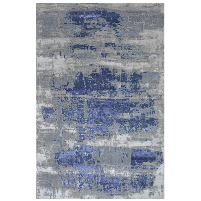 Tapis noué à la main gris / bleu / ivoire, Rectangle 8 pi x 10 pi