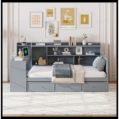 Twin Size Wooden Daybed with 3 Drawers, USB Ports, and Integrated Desk for Space-Efficient Living