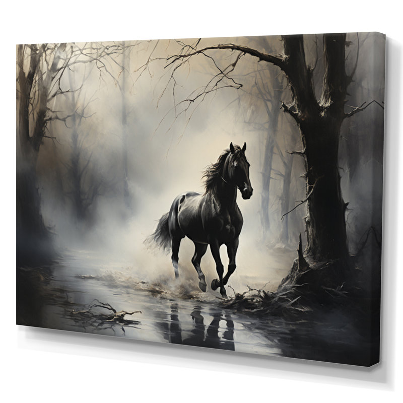 «Gray Horse Misty Morning Canter I», art mural encadré, H 24 po x l 32 po x P 1 po, Toile tendue