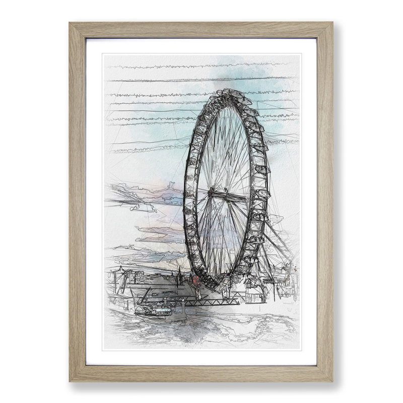 The London Eye - Picture Frame Painting Print, 87cm H x 62cm W x 2cm D, Oak Framed