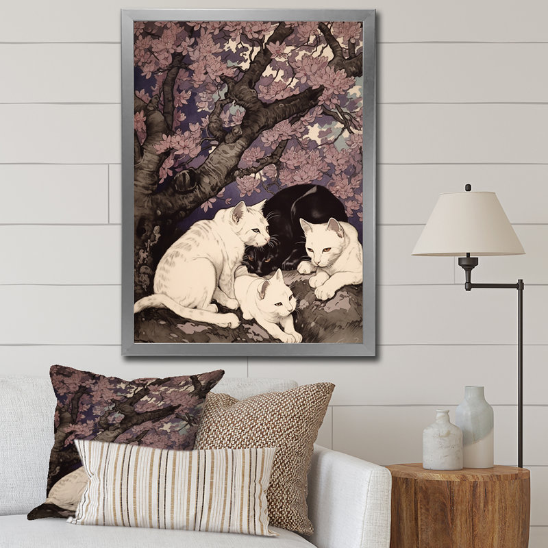 Chat blanc et chat noir dormant sous un arbre - impression, H 20 po x l 12 po x P 1 po, Cadre simple gris