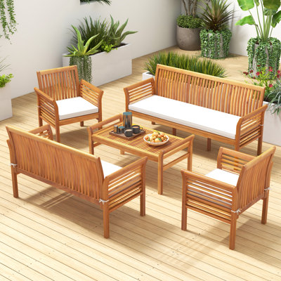 Set Of 5 Patio Furniture Set w/ Acacia Wood Frame & Removable Seat Cushions by Gracie Oaks