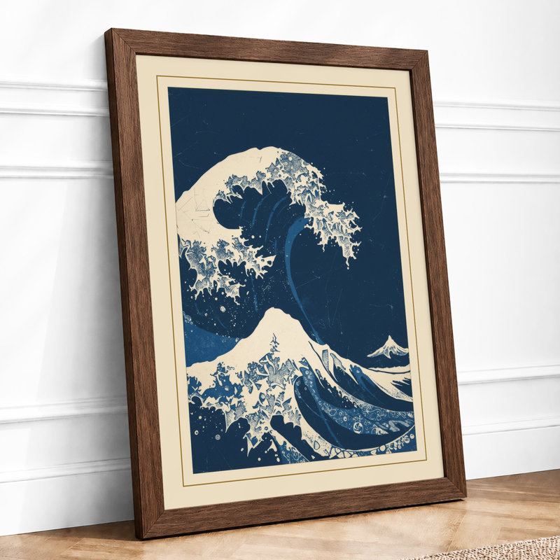 Wave and Mountain Japandi - Framed Print, A3 - 42.0 x 29.7 cm, Walnut