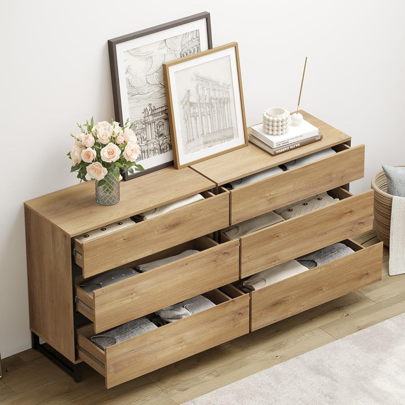 Ensemble de chambre à coucher 4 pièces, commode moderne 63 po à 6 tiroirs, ensemble de 2 tables de chevet à 4 tiroirs, ensemble de table de chevet Mid-Century en bois, chêne
