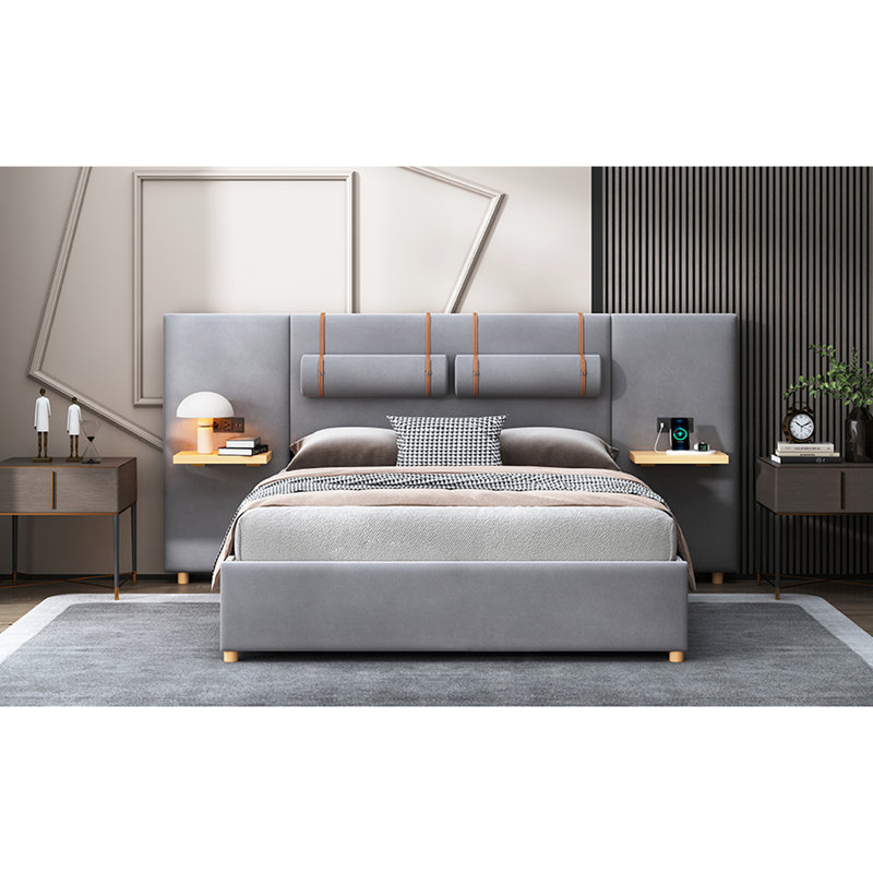 Upholstered Grey Velvet Queen Bed With Outlet & , Bedside Storage Included In Charging Ports, Outlets, And