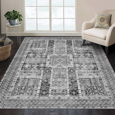 Tapis lavable gris moelleux tapis d'inspiration rétro patiné à poils longs pour le salon, la salle à manger et la chambre à coucher
