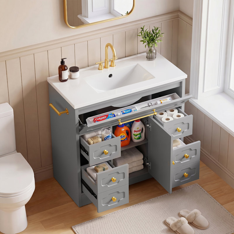 36" Freestanding Bathroom Vanity with Single Ceramic Sink, 6 Drawers & Adjustable Shelf, Gray