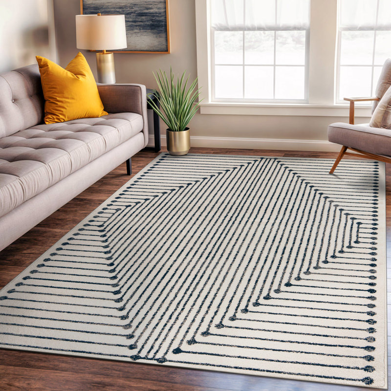 Tapis géométrique moderne crème et noir, Rectangle 5 pi x 7 pi