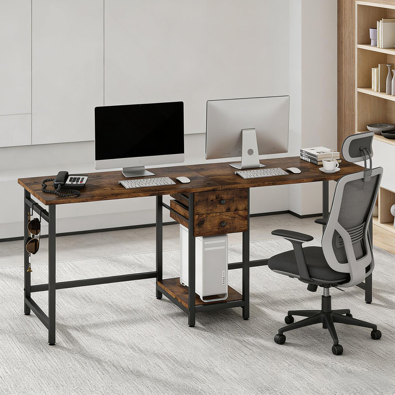 Bureau double, bureau d'ordinateur, bureau à deux places, table de jeu, Brun rustique / noir