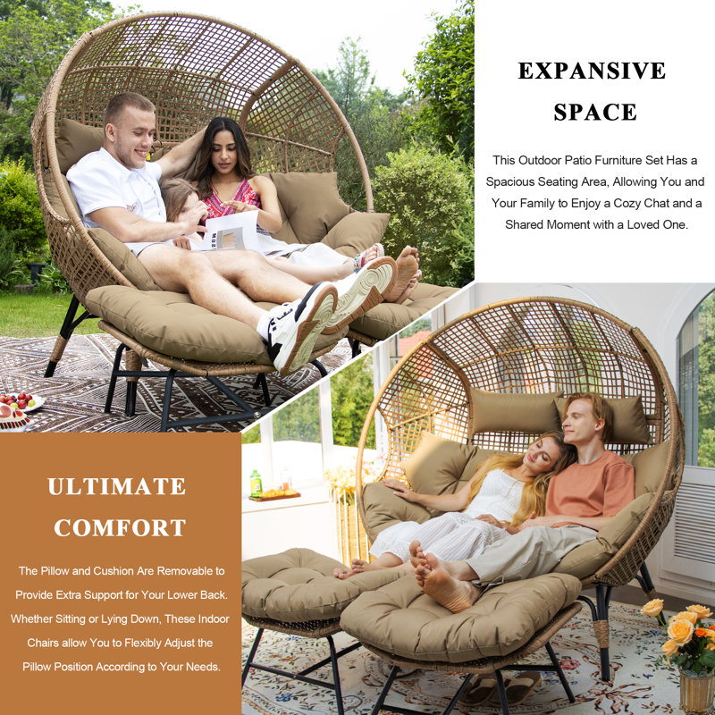 Daleigh 2-Person Double Egg Chair Loveseat with 2 Ottomans, 57.1" Wide Wicker Rattan Lounge Chair, 6.5" Thick Cushions, 680-lb Capacity