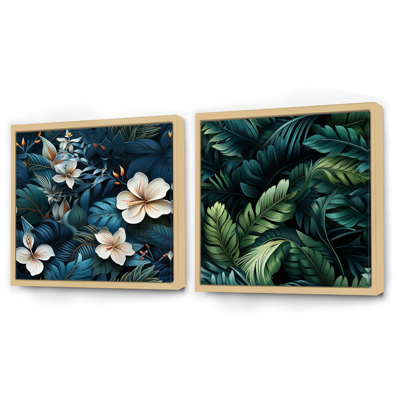 Ohiowa - Ensemble de 2 collages floraux carrés, Cadre flottant brun, H 36 po x l 73 po