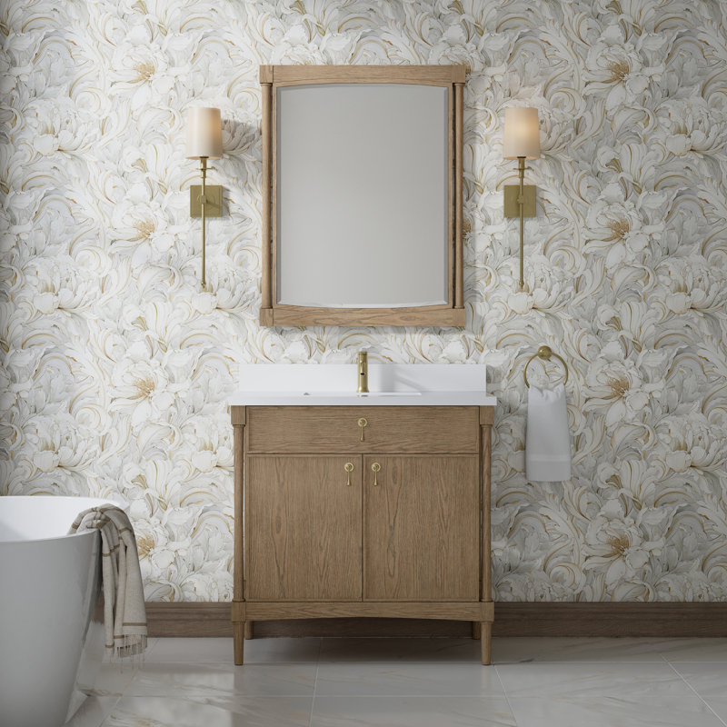Kinnsden 36" W Single Vanity, White Zeus Silestone with Backsplash, Weathered Oak, Single-Hole