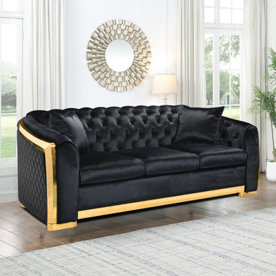Canapé de luxe noir de 84 pouces: velours 3 avec acier inoxydable doré pour une surface de 84 pouces